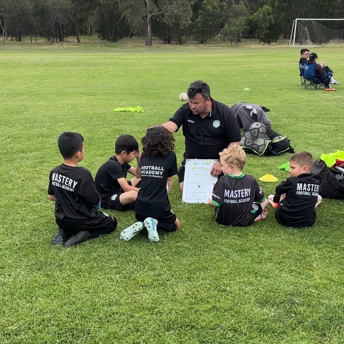 Mastery coach teaching young players with a whiteboard during match training