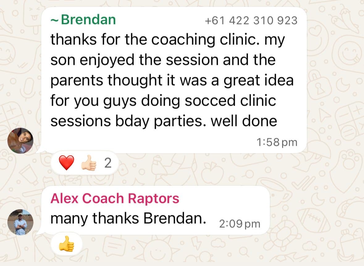 WhatsApp review from Brendan – soccer party feedback from Adelaide family