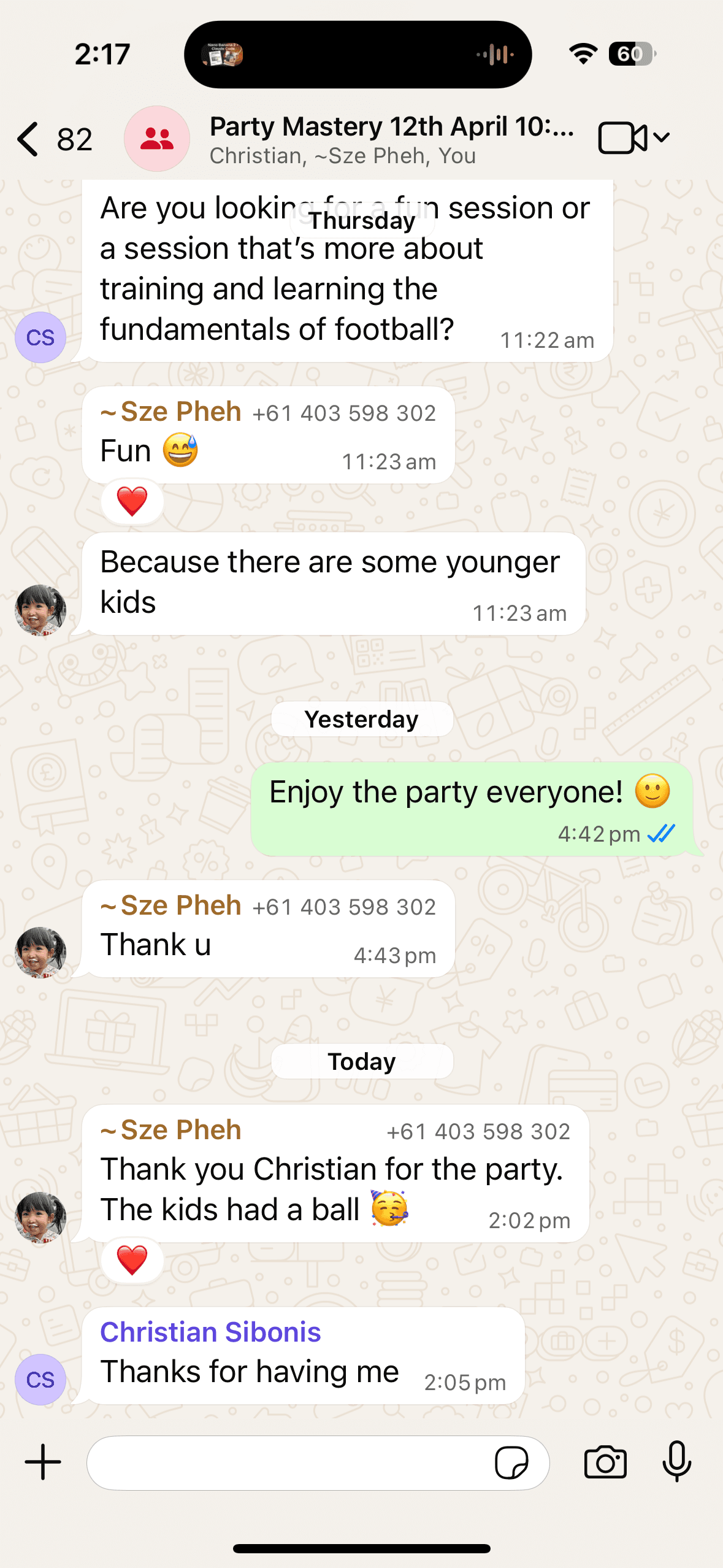WhatsApp review from Sze Pheh – soccer birthday party Adelaide
