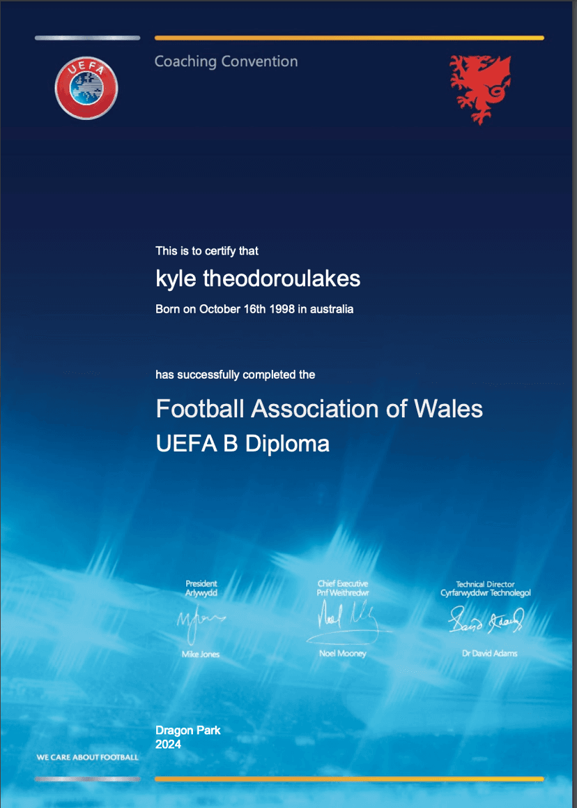 Kyle Theodoroulakes with UEFA B License